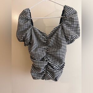Mango MNG black and white checkered ruched off the shoulder top size large